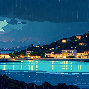 Urban Voxel Art: Cityscape of coastal city during rainy evening
