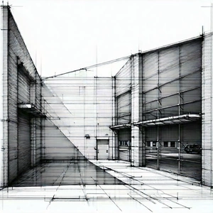 Urban Pencil Sketch: Converted Warehouse With Reflective Glass With Large Building