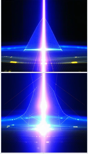 The Image Is A Split Screen, Showing Two Different Views Of A Blue Light