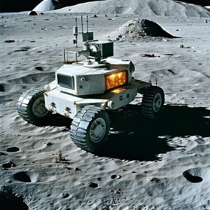 A White Robotic Vehicle Is Parked On The Moon's Surface