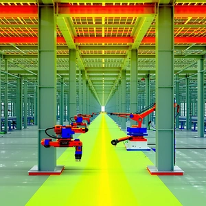 In This Image, There Is A Factory With A Long Row Of Robots Lined Up