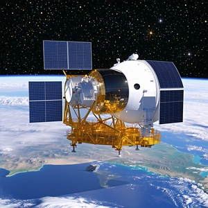 A Spacecraft, Possibly A Satellite Or A Space Shuttle, Flying Over A Blue Planet