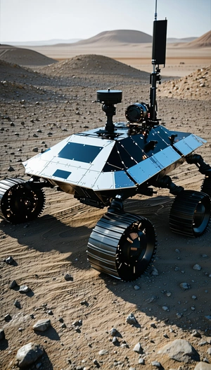 A Robotic Vehicle Is Sitting On A Rocky Surface, Possibly A Desert