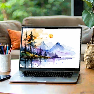 Tech Watercolor Painting: Laptop with streaming content