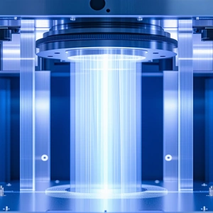 A Large, Blue, And Clear Machine With A Light Shining Through It