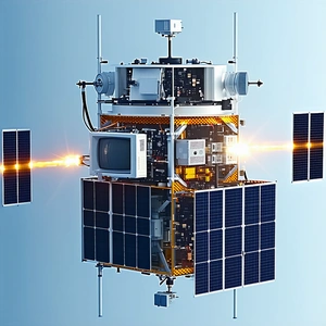 A Small Satellite Is Shown In A Close-up View, With A Television Set Mounted On Top Of It