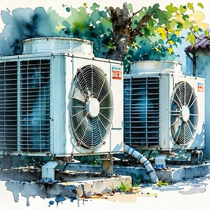 Tech Watercolor Painting: Close-up Of Cooling System With Large Conditioning