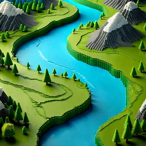 Nature Voxel Art: Aerial view of winding river