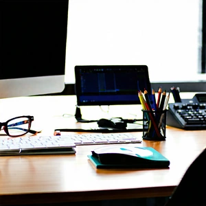 Business Landscape Photography: Workplace With Productivity Tools On Desk With Wooden Desk
