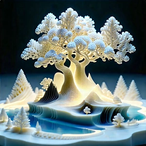 3d Printer With Data Streams With White Tree