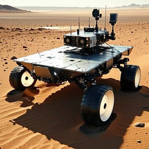 A Robotic Vehicle Is Sitting On A Sandy Surface, Possibly A Desert