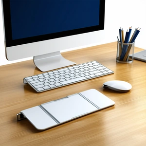 Business Digital Art: Workplace With Productivity Tools On Desk With Wooden Desk