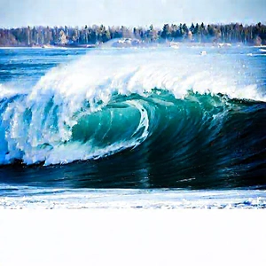 Nature Macro Photography: Ocean Waves Surrounded By Snow-covered (trees:1.37) With Large Wave