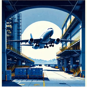 Tech Woodcut Print: Aerospace Technology In Manufacturing Facility With Large Airplane