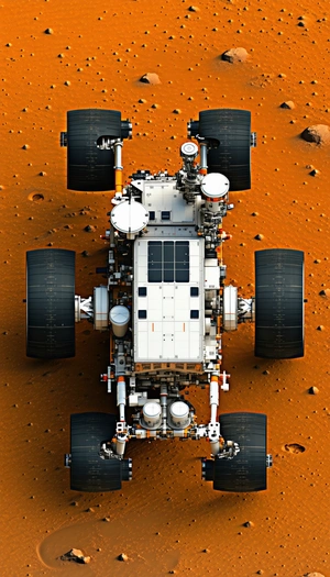 A White And Orange Rover Vehicle On A Red Dirt Surface, Likely On Mars