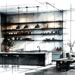 Lifestyle Pencil Sketch: Modern Kitchen With Minimalist Decor With Drawing Kitchen,