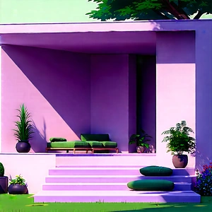 Lifestyle Lithograph: Balcony Garden With Minimalist Decor With Purple Building