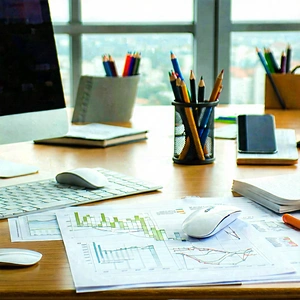 Business Stock Photography: Workplace With Productivity Tools On Desk With Wooden Desk