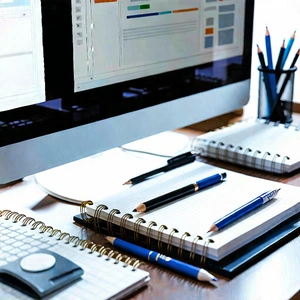 Business Voxel Art: Workplace with notebooks and pens on desk