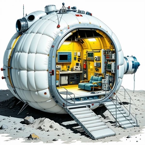 The Image Is A Cartoon Drawing Of A Space Station, Which Is Shaped Like A Large White Ball