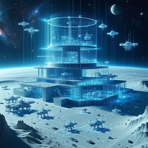 In This Futuristic Scene, A Massive Space Station Is Surrounded By Numerous Small Spaceships