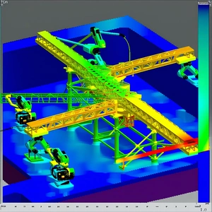 A Large Crane Is Shown In A 3d Model, With A Yellow And Green Color Scheme