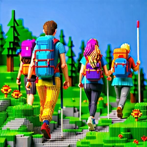 Lifestyle Voxel Art: Hiking group with diverse friends