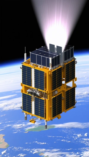 A Yellow Space Station Is Floating In The Air, With A Bright Light Shining On It