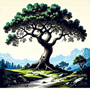 Nature Woodcut Print: Ancient Tree In Natural Setting With Large Tree