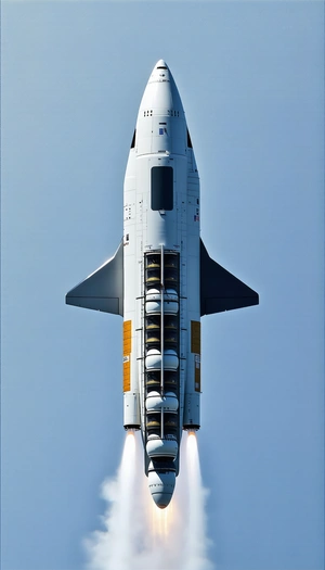 A White Rocket Is Flying Through The Sky, With A Trail Of Smoke Behind It
