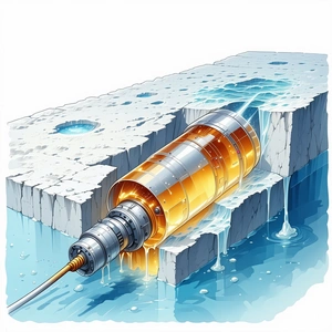 A Cartoon Image Of A Medical Device, Possibly A Syringe, Is Shown In A Blue And White Color Scheme