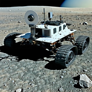 A White Robotic Vehicle Is Parked On The Surface Of The Moon