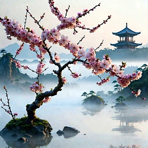 Nature Minimalist Design: Cherry Blossoms In Misty Environment With Beautiful Tree