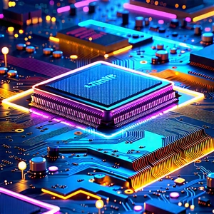 Tech Low Poly: Circuit board with neon accents