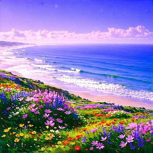 Nature Matte Painting: Wildflowers In Coastal Environment With Beautiful Beach