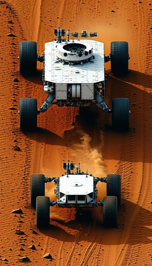 Two Large, White, And Shiny Vehicles With Four Wheels Each, Driving On A Dirt Road