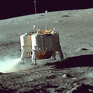 A Small White Spacecraft Is Traveling Across The Surface Of The Moon