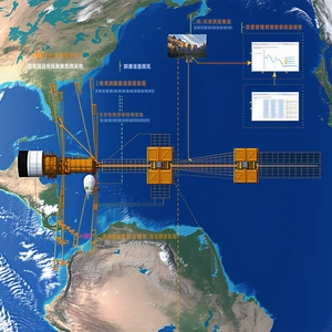 A Large Satellite Is Shown In A Blue And Orange Color Scheme