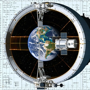A Space Station Is Shown In The Image, With A Large Globe Of The Earth In The Center