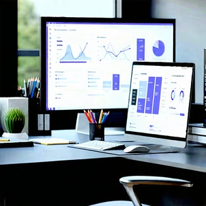 Business Blender Artwork: Workplace With Productivity Tools On Desk With Desk Computer