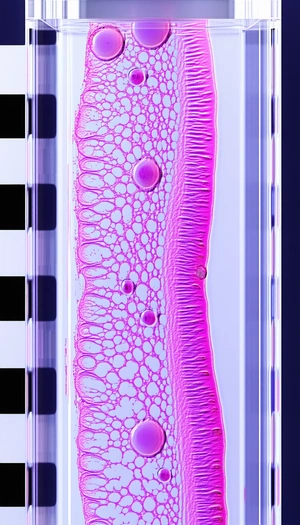 A Close-up View Of A Pink, Purple, And White Substance, Possibly A Piece Of Tissue Or A Cell