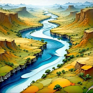 Nature Ink Drawing: Aerial view of winding river
