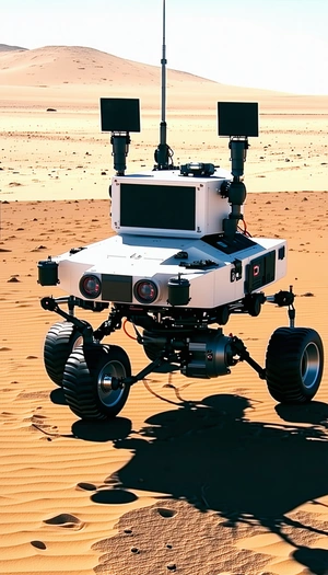 A White Robot Is Sitting On A Sandy Surface, Possibly A Desert
