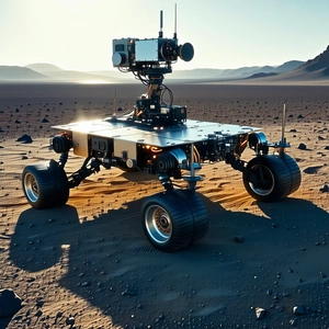 A Large Robotic Vehicle, Possibly A Tank, Sitting On A Dirt Field