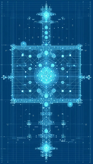 The Image Is A Blue And White Drawing Of A Building, Possibly A House Or A Structure