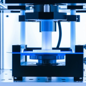 A Blue And Clear Plastic Object Is Being Processed By A Machine