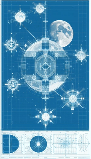 A Blue Drawing Of A Space Station Is Shown, With A Moon In The Background