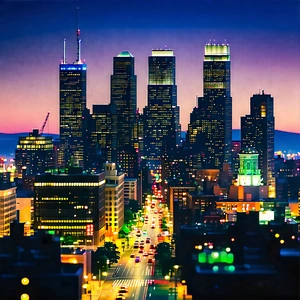 Urban 3d Render: Cityscape Of Downtown District During Night With Nighttime View