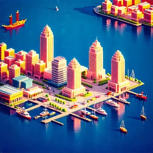 Urban Voxel Art: Aerial View Of Harbor District With City Depicted