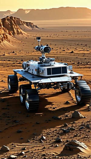 A Large Robotic Vehicle With A Camera On Its Front, Driving Across A Sandy Terrain
